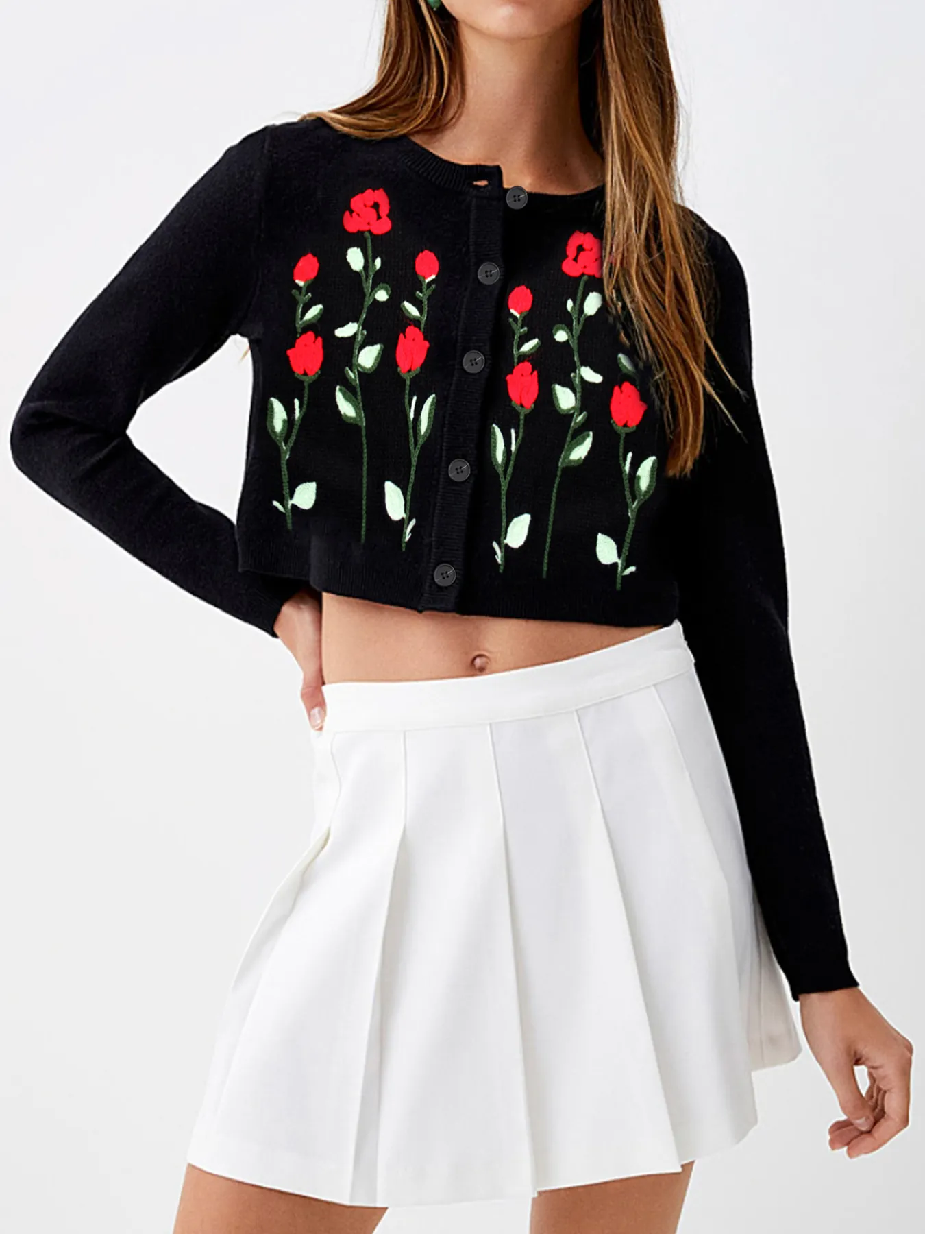 Gilet en Tricot Élégant pour Femme Avec Broderie Florale de Rose Col Rond Manches Longues Boutonné Pull Court Haut