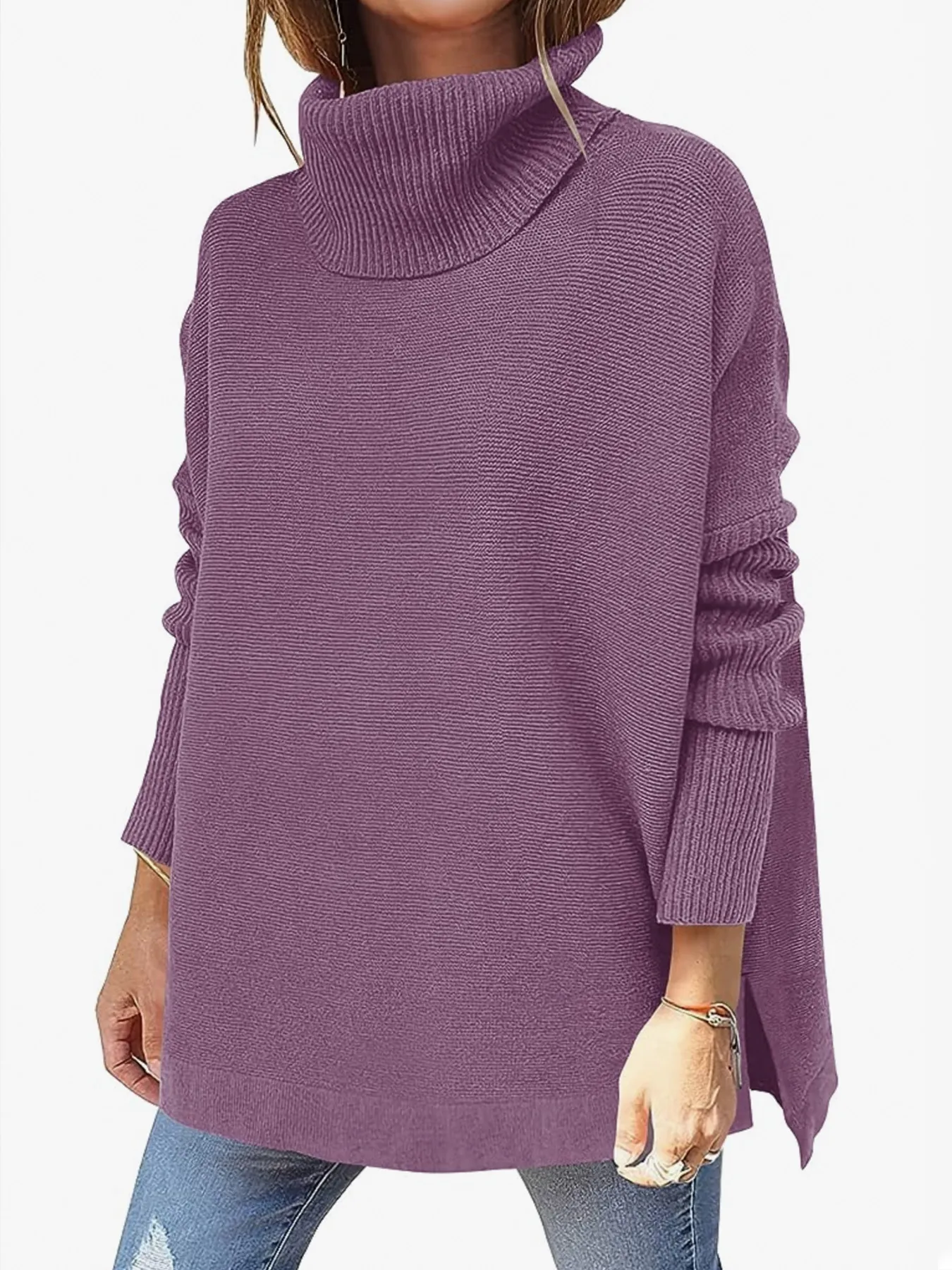 Women's Loose Turtleneck Knit Sweater Oversized Long Sleeve Pullover With Side Split Ribbed Cuffs Solid Color Casual Soft Top
