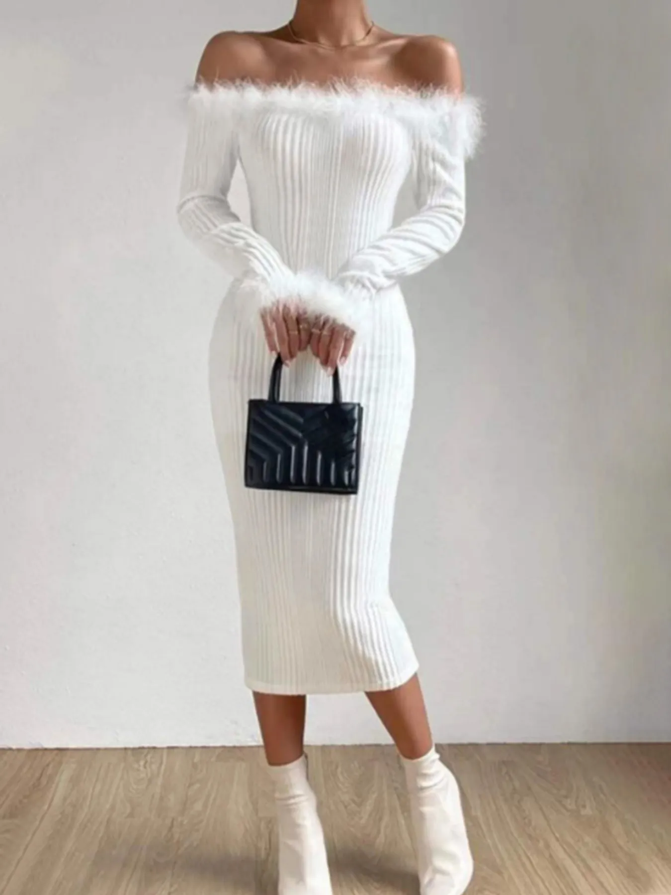 Elegantes Schulterfreies Strick-Maxikleid Mit Kunstpelzbesatz Langarm Geripptes Slim Fit Strickkleid Für Herbst Winter Party Damen