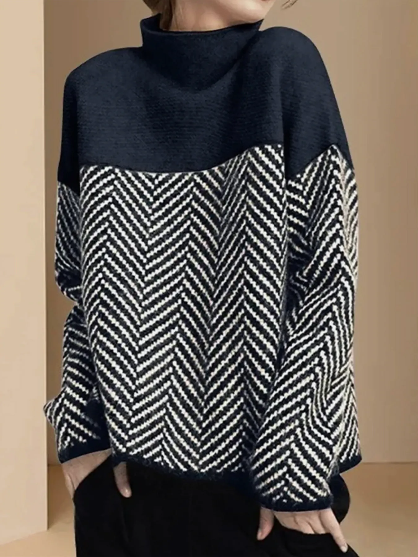 Damen Casual Farbblock Stehkragen Pullover Zickzackmuster Strick Langarm Oberteil Herbst Winter Kleidung