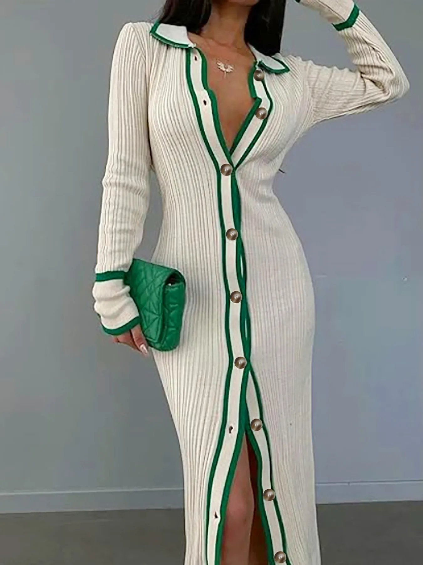 Women Casual Knitted Maxi Dress Contrast Color Polo Neck Button Up Long Sleeve Slim Fit Ribbed Cardigan Dress