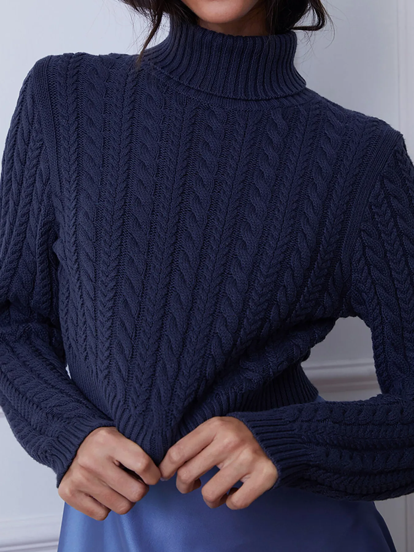 Women High Neck Cable Knit Sweater Navy Blue Long Sleeve Polyester Knitted Pullover Solid Color Short Casual Jumper Top