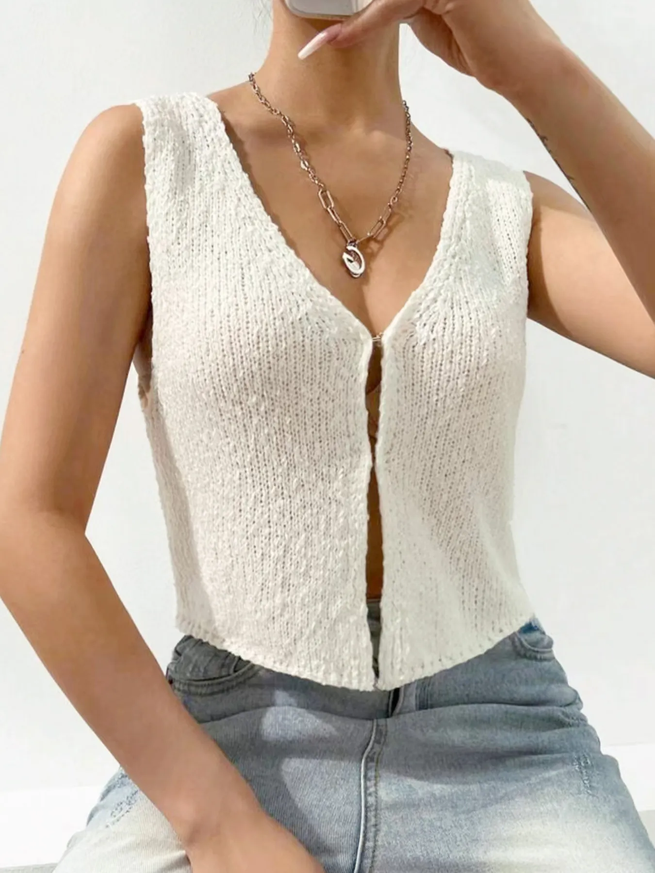 Gilet da Donna in Maglia Casual Scollo a V Cardigan Senza Maniche Maglieria Tinta Unita Traspirante Estate Primavera Moda Top