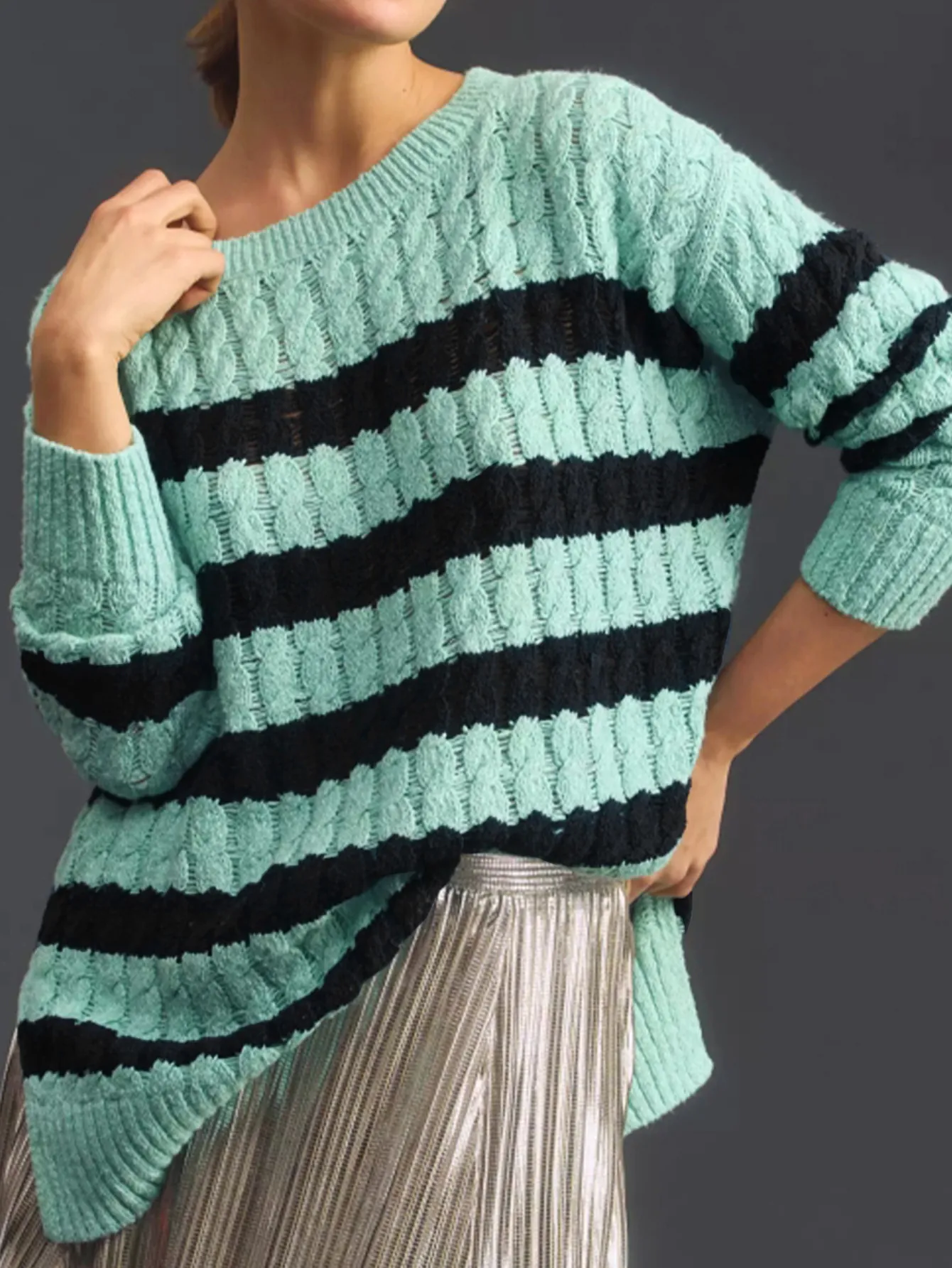Women Casual Striped Pullover Sweater Acrylic Cable Knit Round Neck Color Block Rib Side Slit Loose Fit Knitwear Top