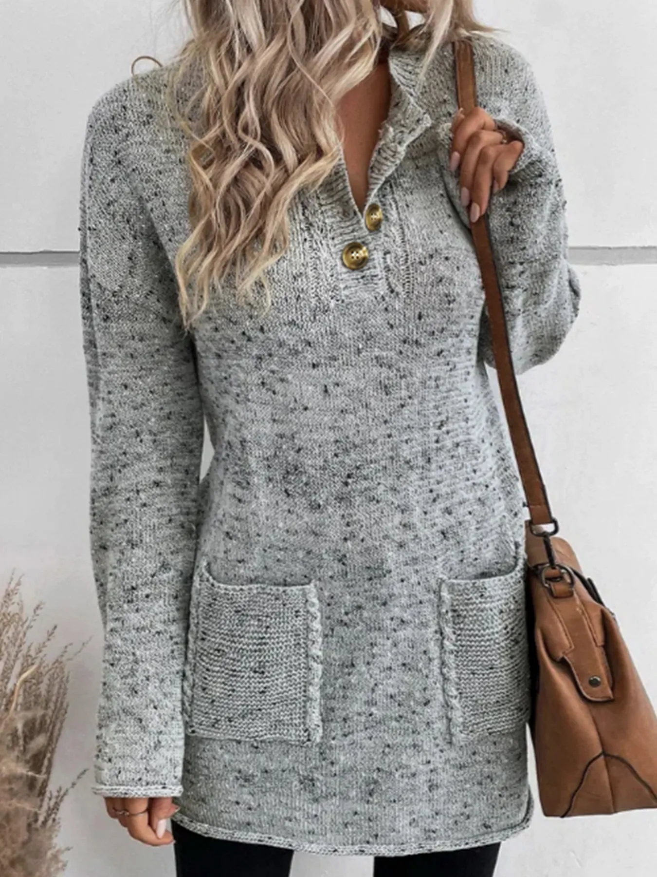 Women Casual Long Sleeve Knitted Dress Crew Neck Button Detail Marl Grey Sweater Dress With Pockets Autumn Winter Wardrobe