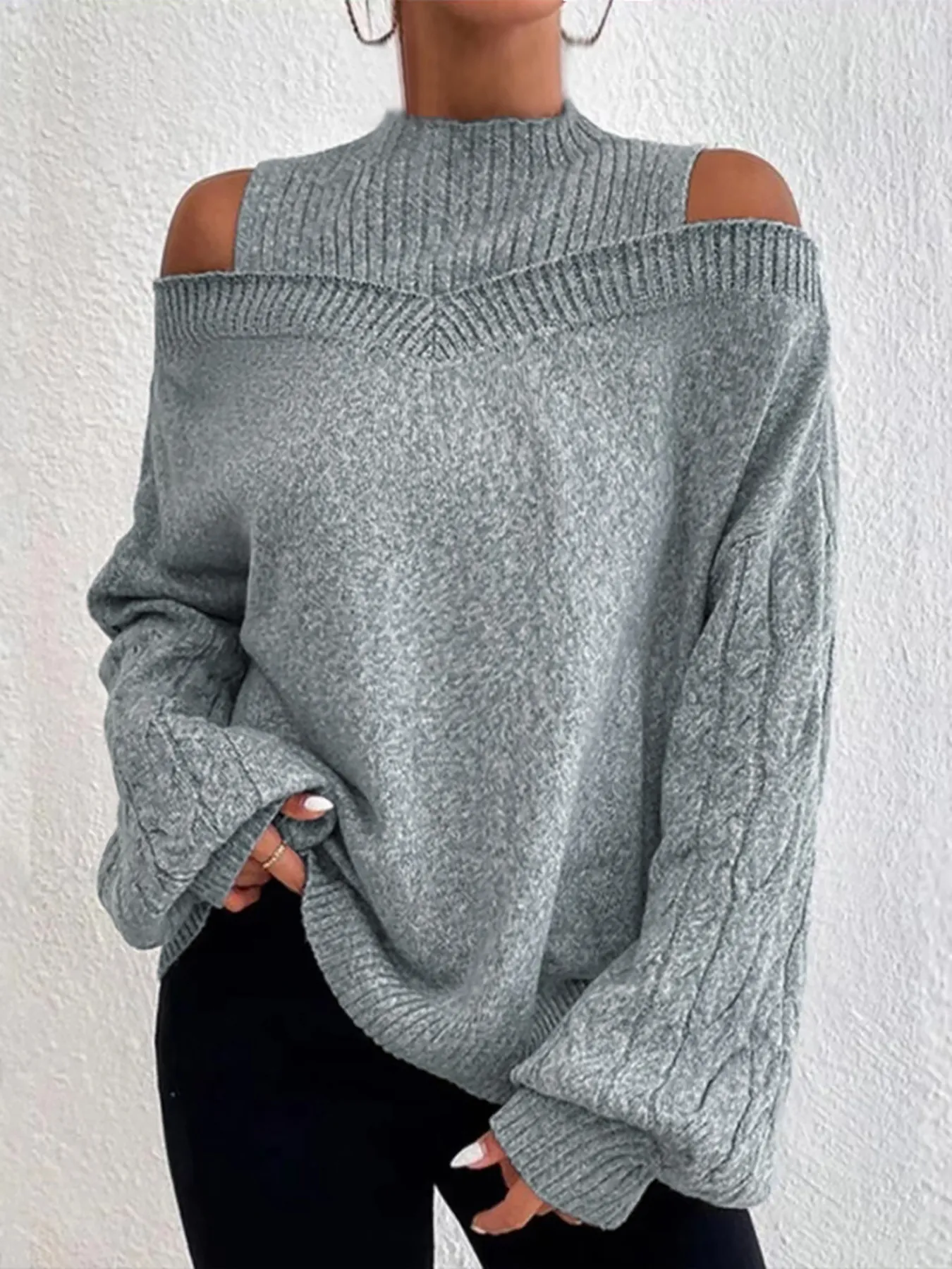 Women's Cold Shoulder Cable Knit Sweater High Neck Long Sleeve Loose Pullover Jumper Casual Autumn Winter Solid Knitwear
