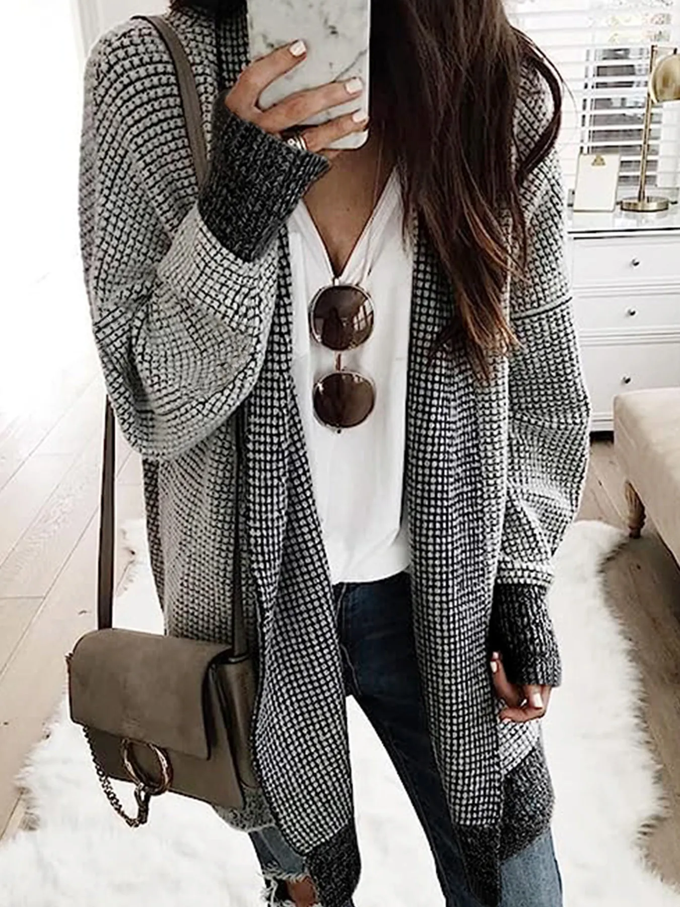 Women Casual Plaid Knit Cardigan Loose Long Sleeve V-Neck Open Front Sweater Grid Pattern Autumn Winter Outwear