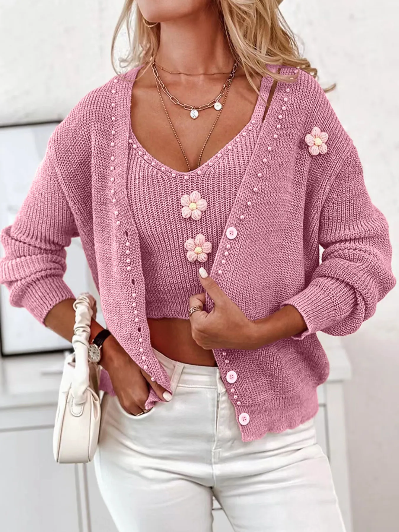 Ensemble Deux Pièces Cardigan Et Camisole En Tricot Pour Femmes Fleurs 3D Künstliche Perles Col En V Manches Longues