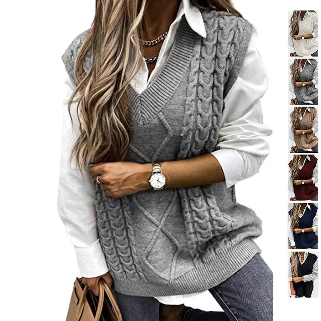 Women's V Neck Cable Knit Sweater Vest Sleeveless Loose Relaxed Knitwear Waistcoat Pullover Top For Spring Autumn Winter