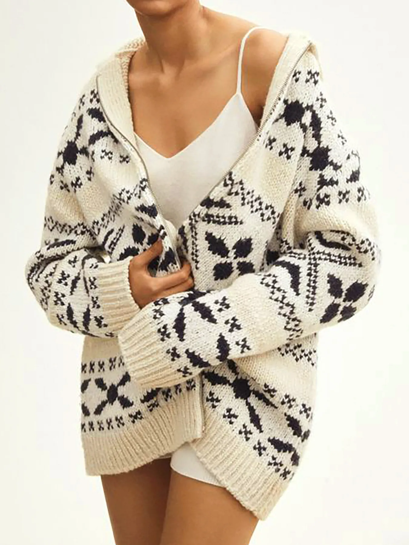 Cardigan in Maglia Con Cappuccio da Donna Beige Motivo Geometrico Manica Lunga Maglione Con Cerniera Autunno Inverno