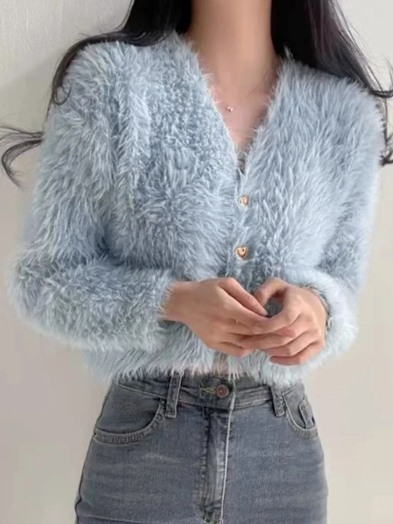 Women V Neck Cropped Plush Cardigan Sweater Long Sleeve Faux Fur Knit Top With Gold Heart Buttons Casual Fashion Outerwear