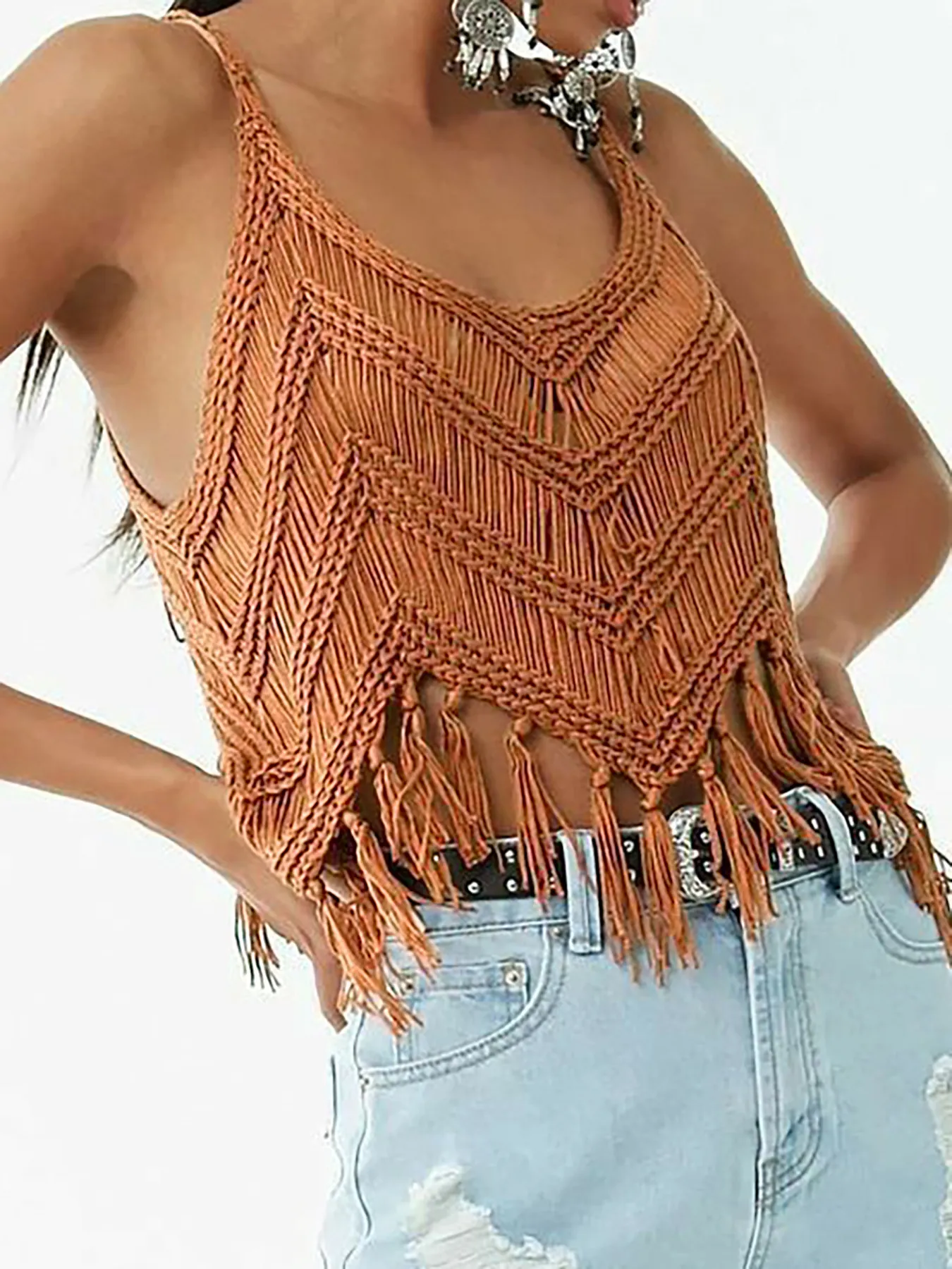 Camisole Bohème au Crochet pour Femmes avec Franges Col en V Sans Manches Top de Plage Été
