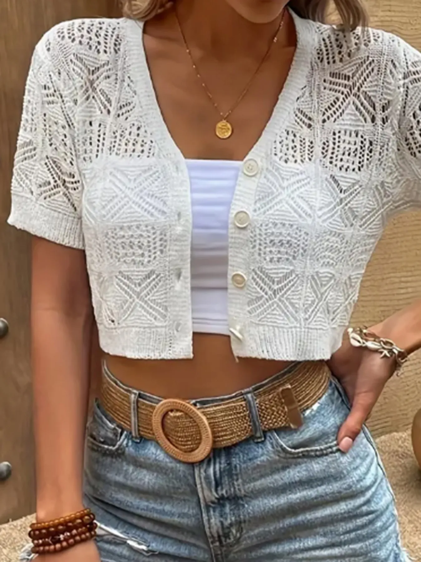 Women Hollow Out Knitted Cardigan Short Sleeve V Neck Cropped Top Casual Cream White Summer Shrug For Lady