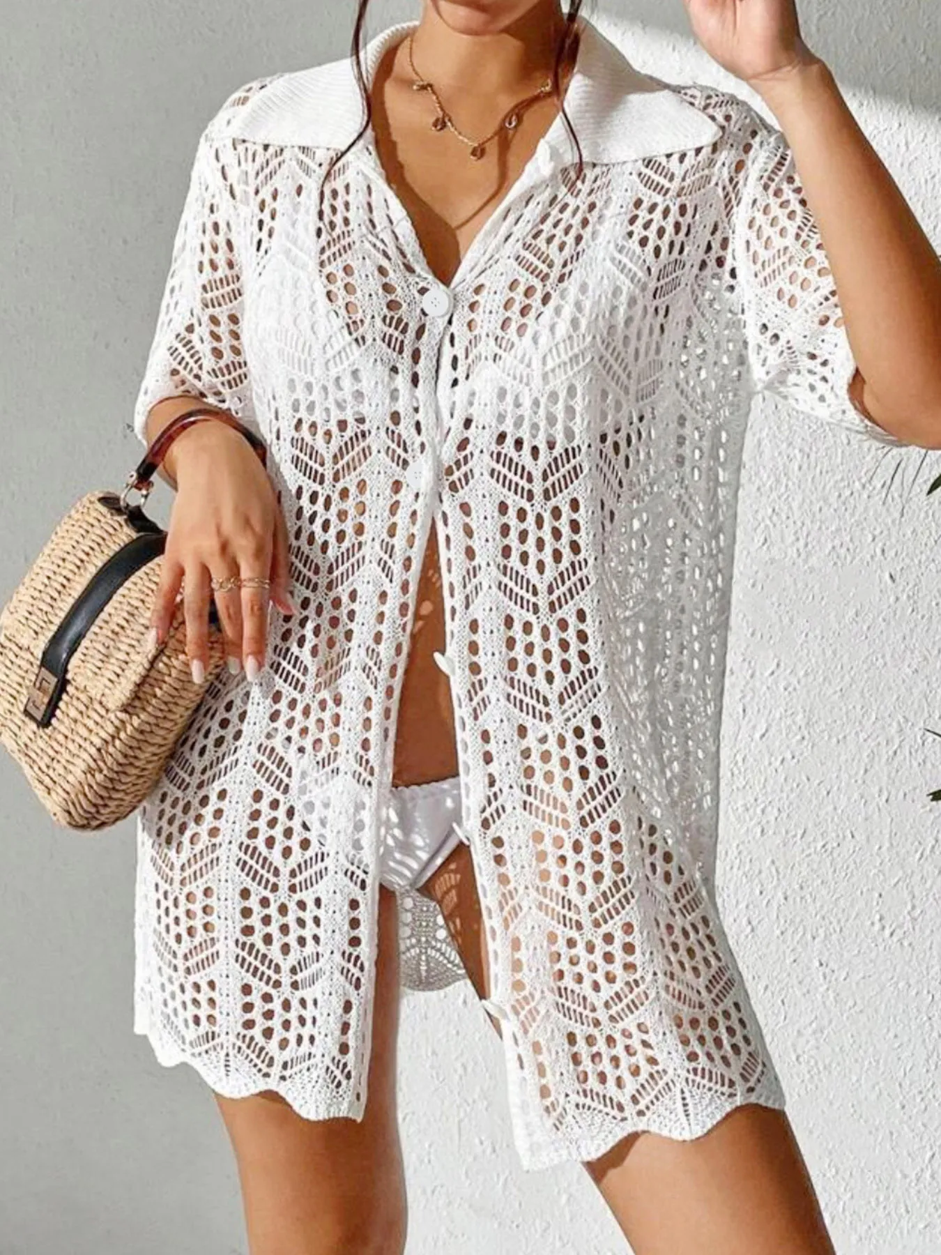 Cardigan en Maille Ajourée d'Été pour Femmes Col en V Simple Boutonnage Cache-Maillot de Plage Ample Décontracté Manches Courtes Chemisier de Vacances Haut