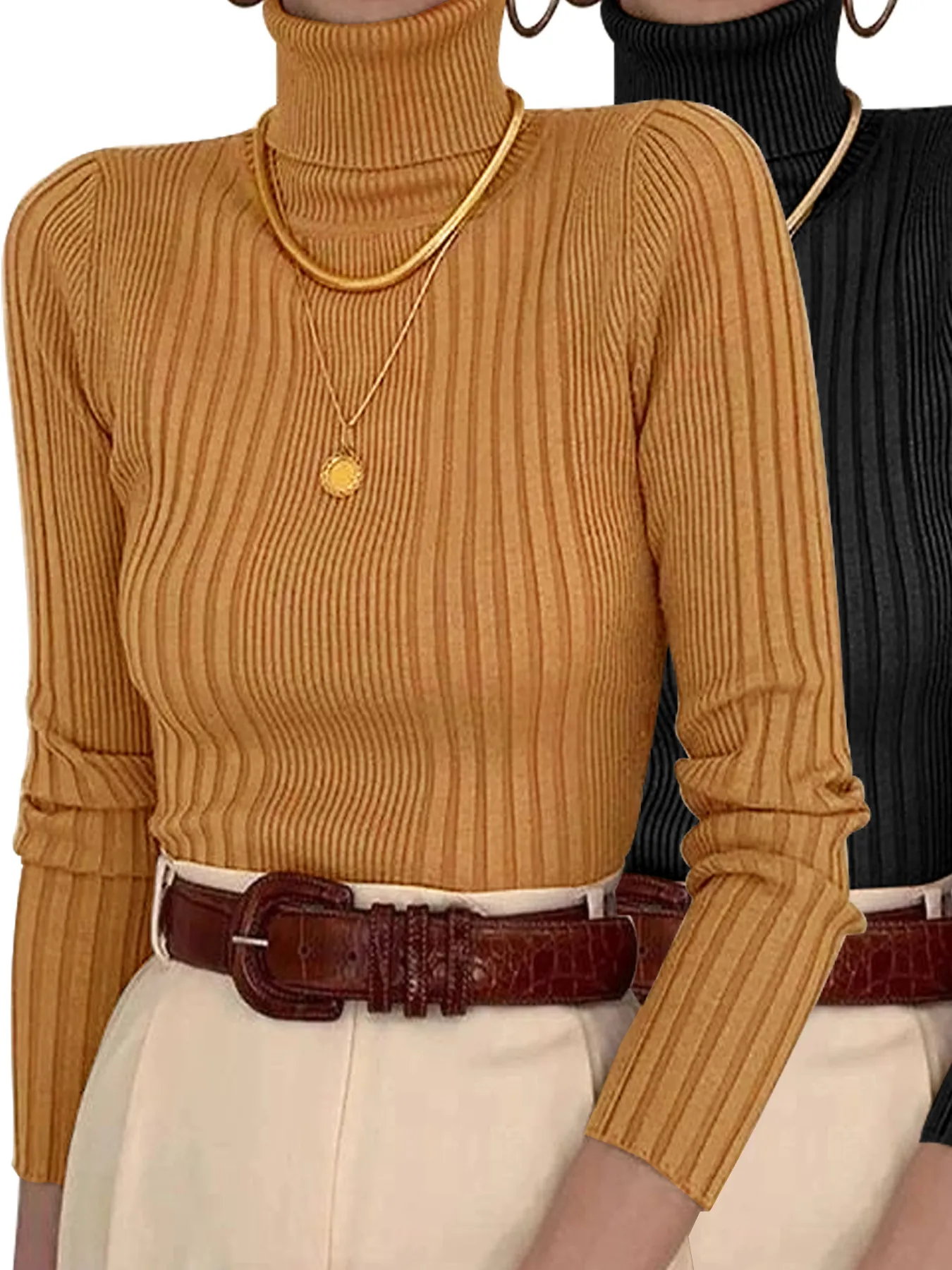 Women Casual High Neck Long Sleeve Ribbed Knit Sweater Pullover Solid Color Slim Fit Turtleneck Tops For Autumn Winter