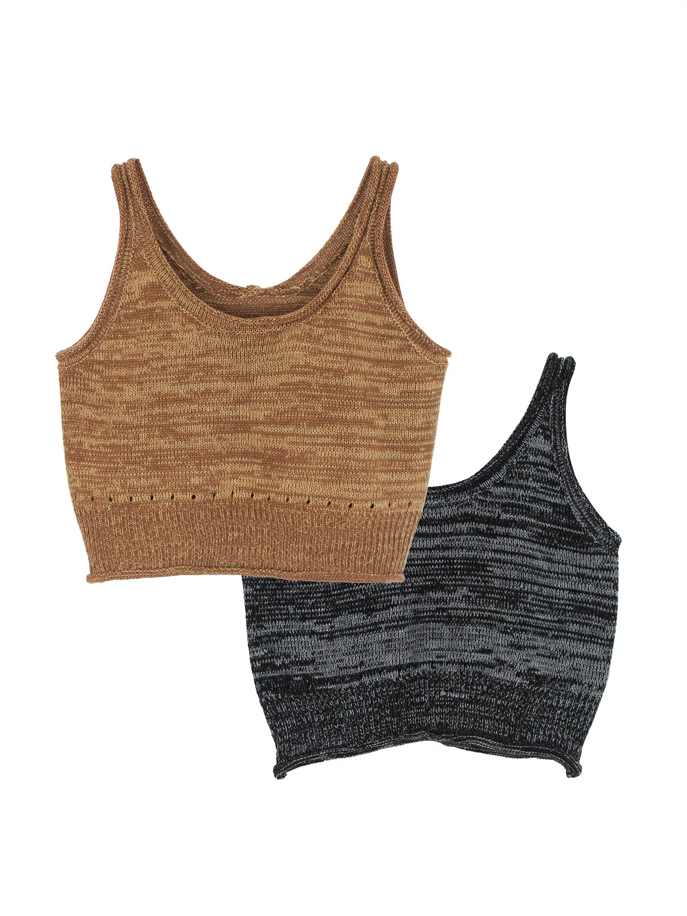 Débardeur Crop Top en Tricot pour Femme Haut et Bas Teinture à l'Espace Col en U Sans Manches Décontracté Tricoté Été Marron Noir