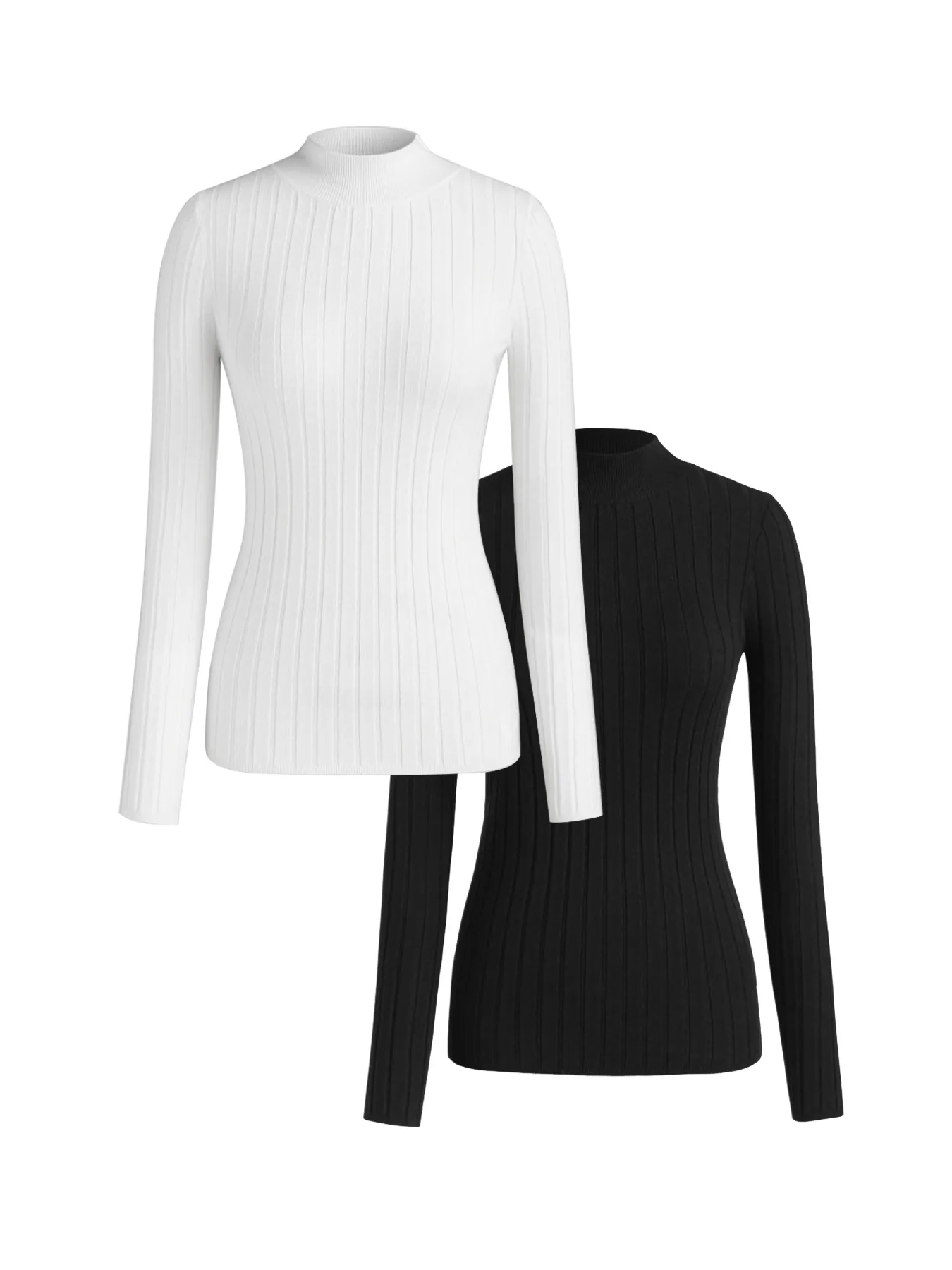 Women Slim Fit Mock Neck Ribbed Knit Sweater White And Black Long Sleeve Casual Pullover Tops For Spring Autumn