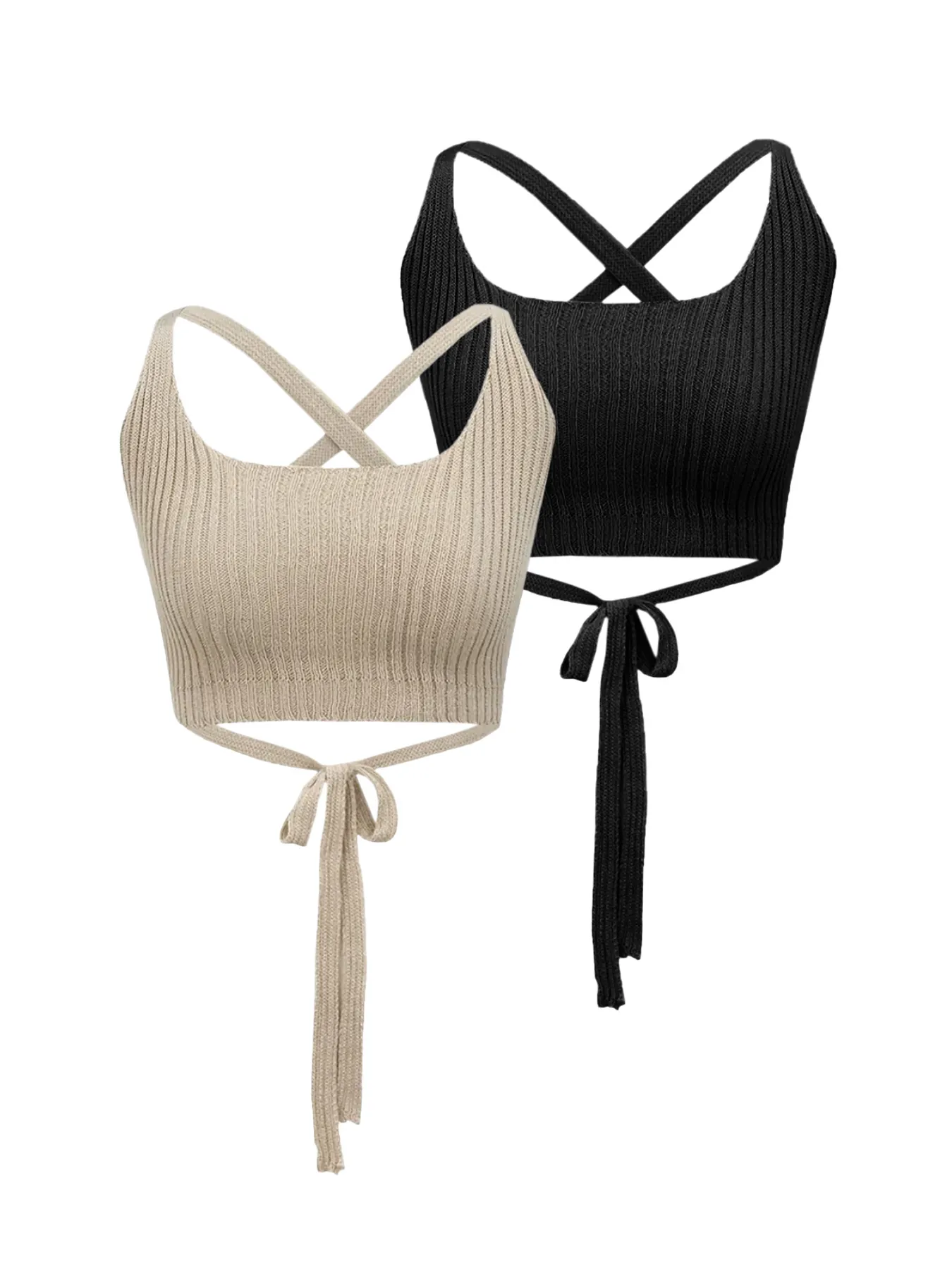 Women Casual Ribbed Knit Criss Cross Crop Top And Camisole Tie Hem Khaki Black Sexy Sleeveless Vest Sleeveless Top