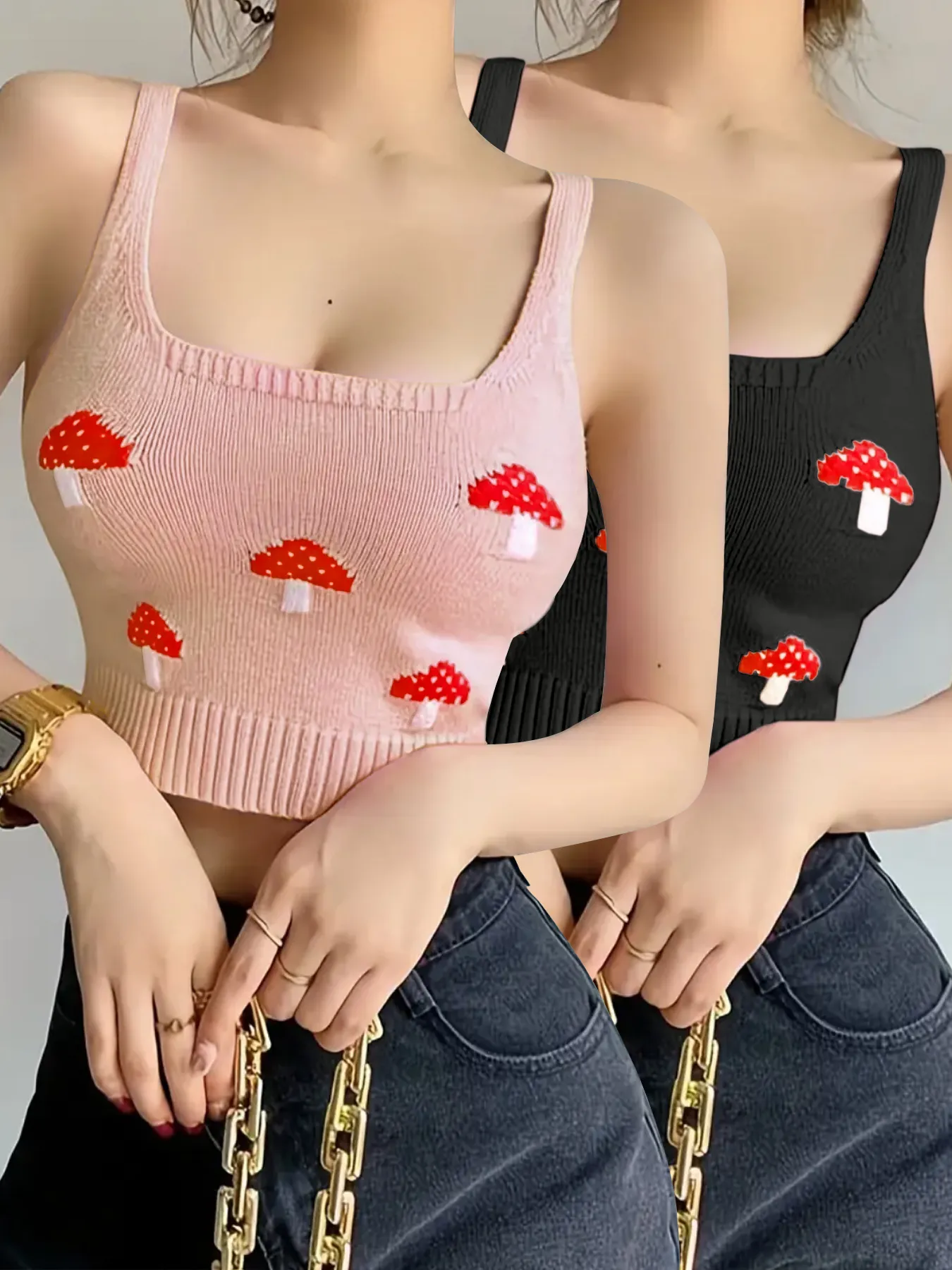 Women Casual Knit Tank Top And Vest Mushroom Pattern Square Neck Ribbed Sleeveless Short Top Pink And Black For Ladies