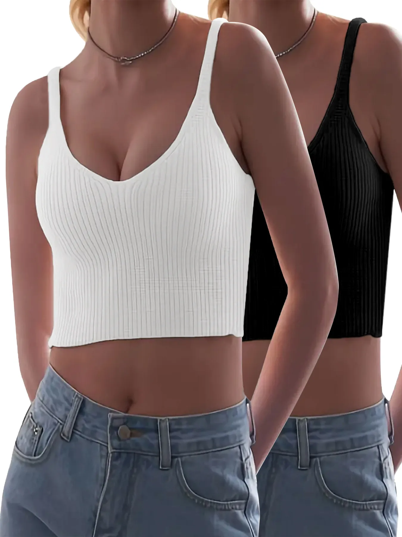 Camisole en Tricot Côtelé pour Femmes Col en V Haut Court Blanc Et Noir Coupe Slim Décontracté Été Sexy Sans Manches Mode