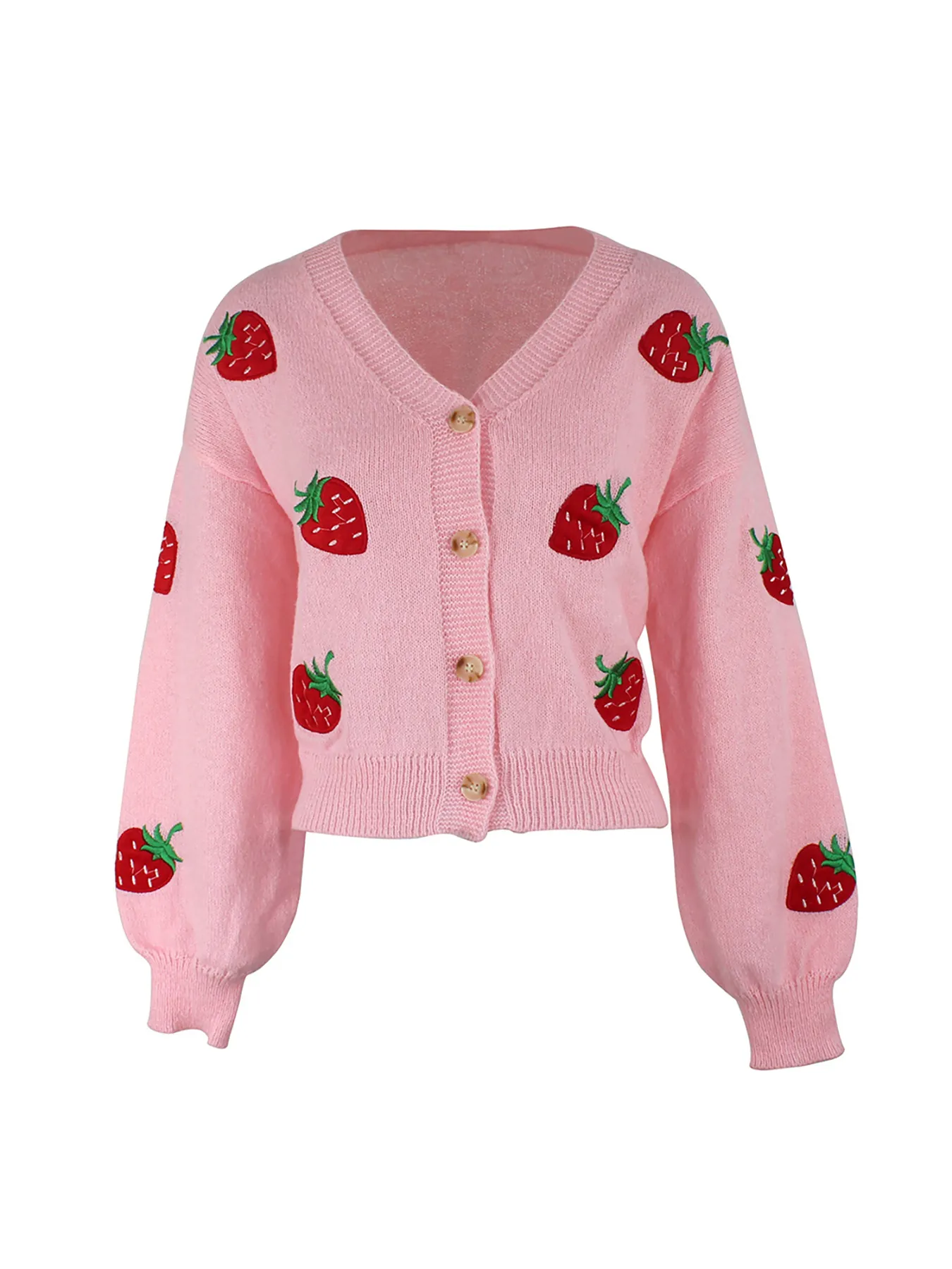 Women Sweet V Neck Strawberry Embroidery Knit Cardigan Long Sleeve Button Up Casual Soft Sweater Top For Spring Autumn