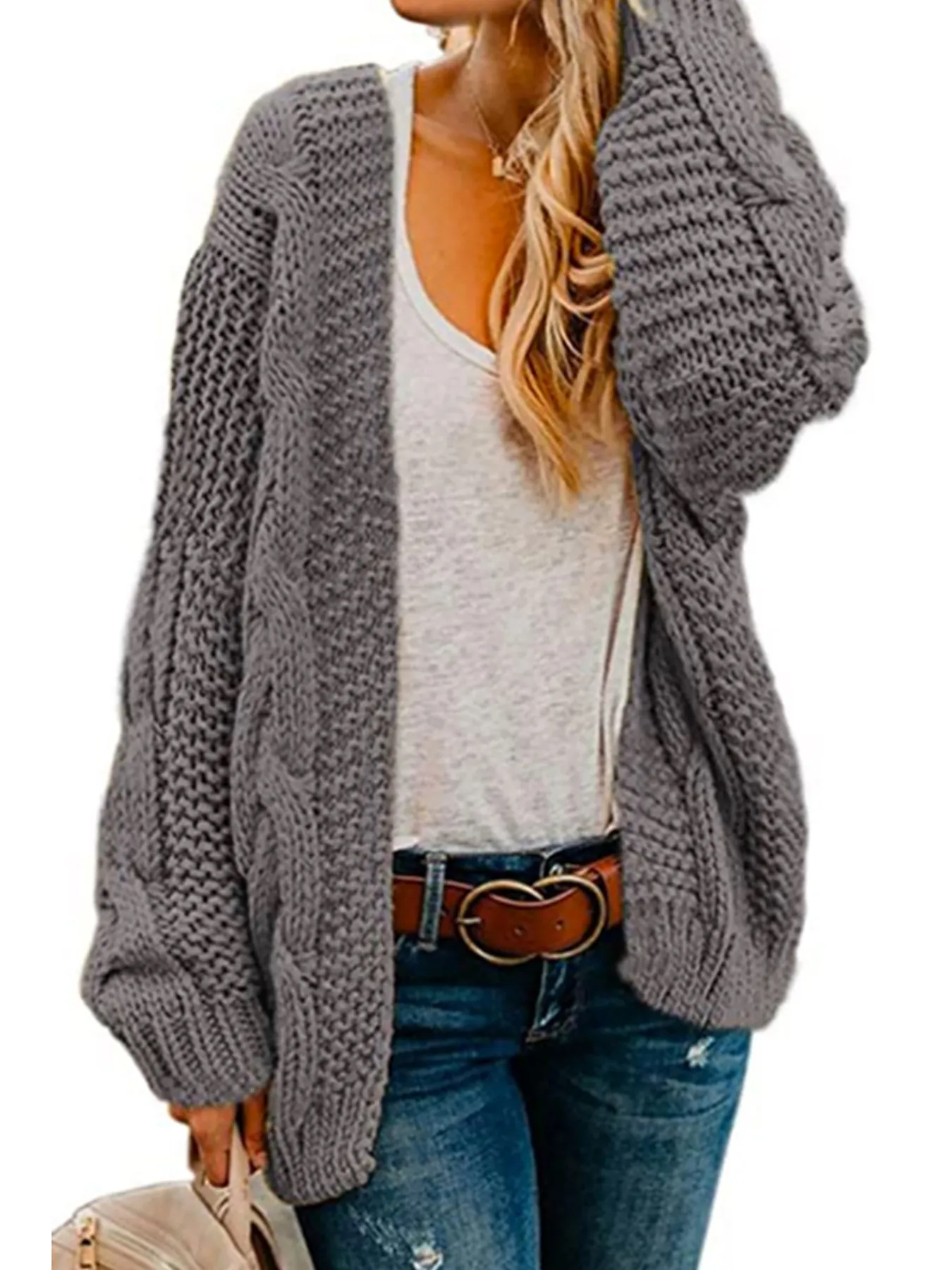 Women's Casual Oversized Cable Knit Cardigan Long Sleeve V Neck Solid Color Loose Knitwear Sweater Coat For Autumn Winter