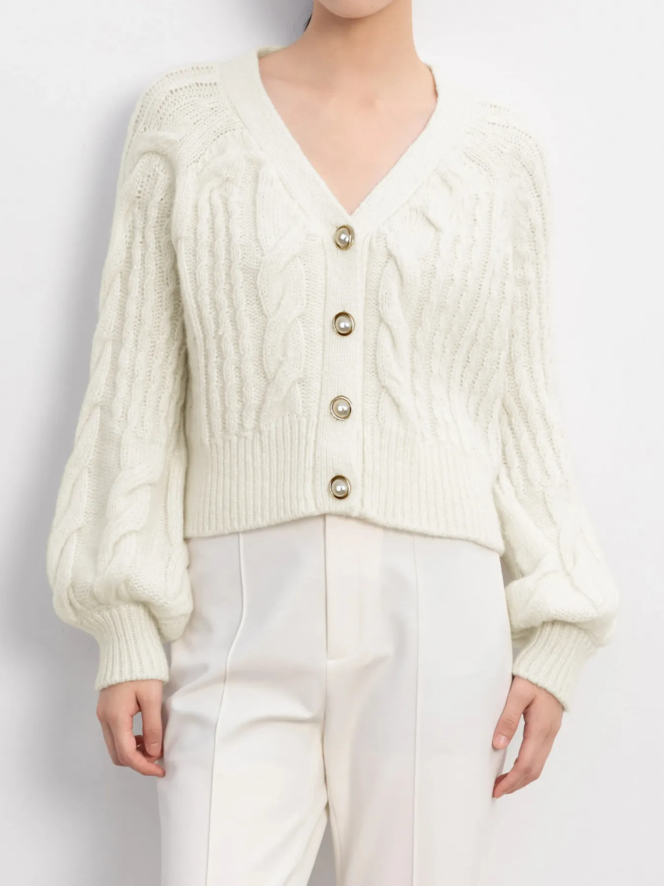 Women's Casual Cable Knit Cardigan V Neck Lantern Sleeve Artificial Pearl Buttons Short Sweater Jacket Solid Color Knitwear Top