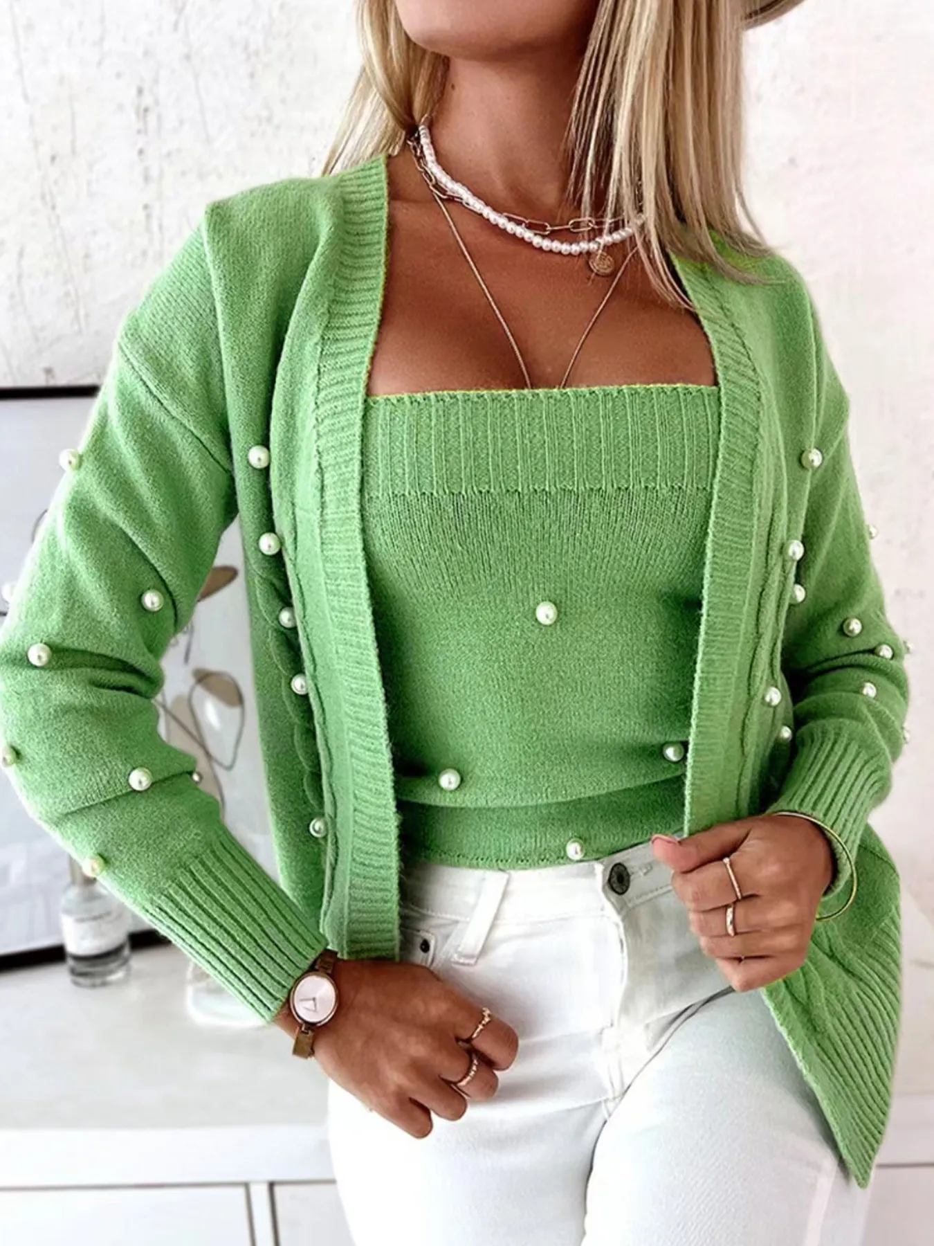 Women Casual Knit Sweater Outfit Artificial Pearl Beaded Cardigan And Camisole Inner Vest Green V Neck Long Sleeve Knitwear