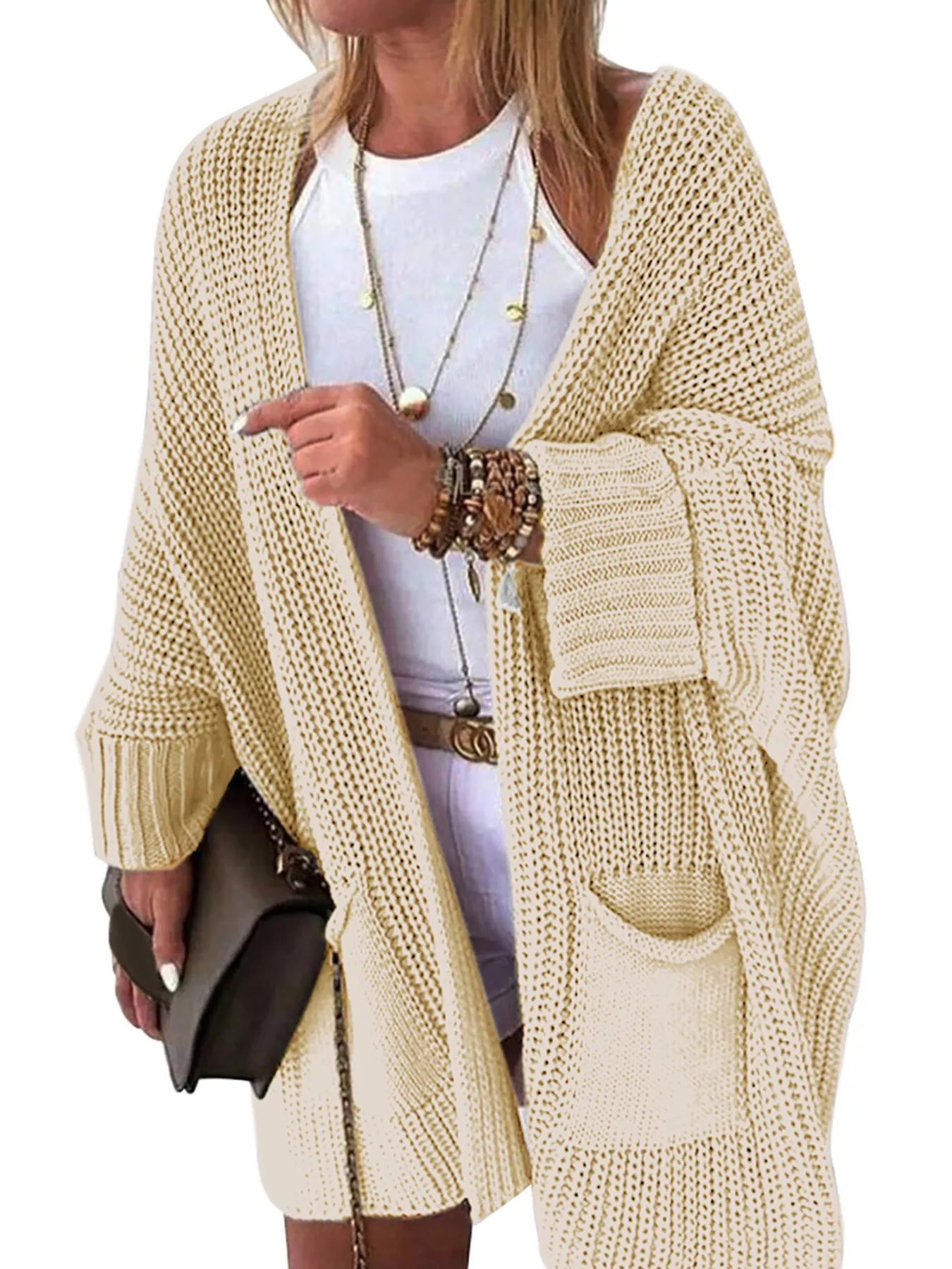Women Casual Solid Color Long Sleeve Knit Cardigan Jacket Open Front Loose Sweater Pockets Fashion Outerwear For Ladies
