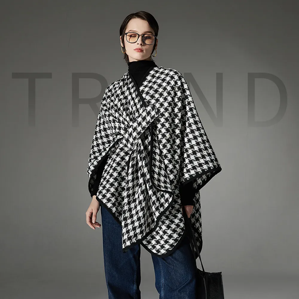 Women Casual Houndstooth Buckle Poncho Cape Shawl Black White Houndstooth Pattern Autumn Winter Warm Outerwear Wrap