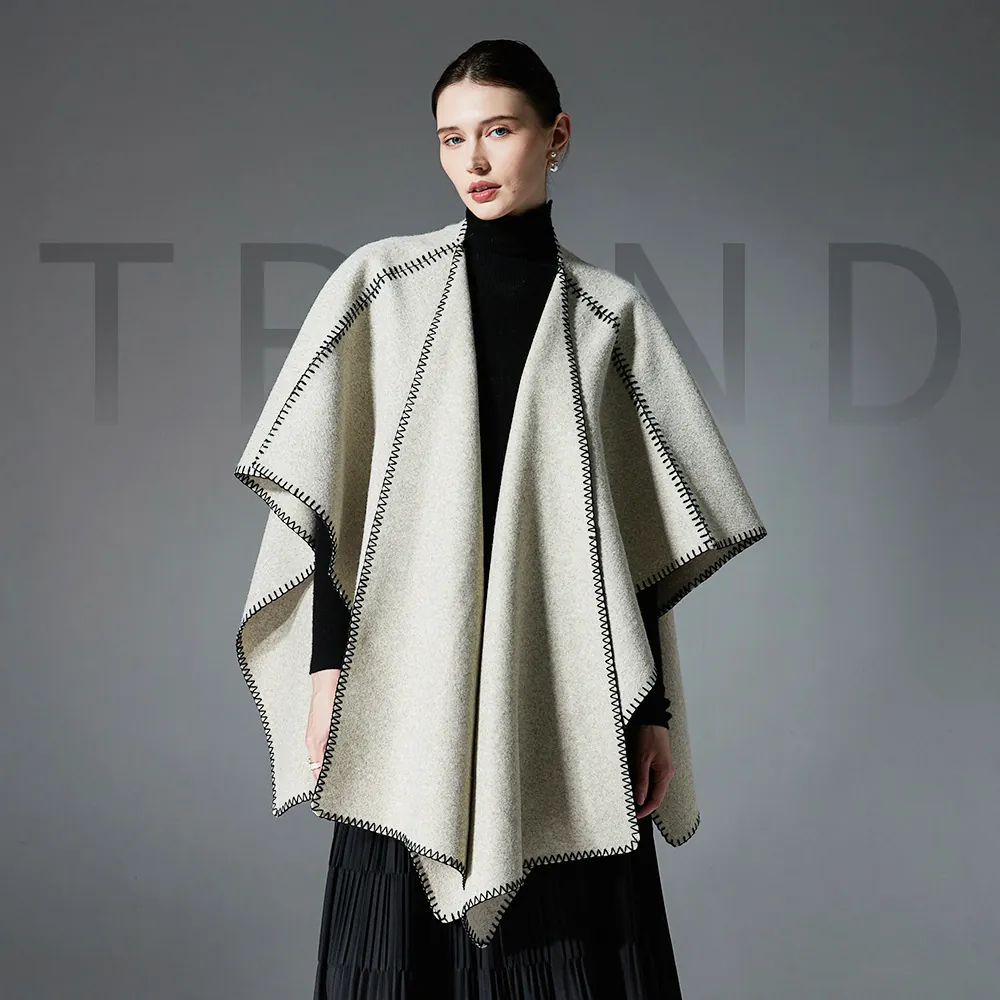 Women's Double Sided Wool Like Poncho Shawl Jacket Contrast Whipstitch Border Open Front Oversized Blanket Cape Wrap For Winter