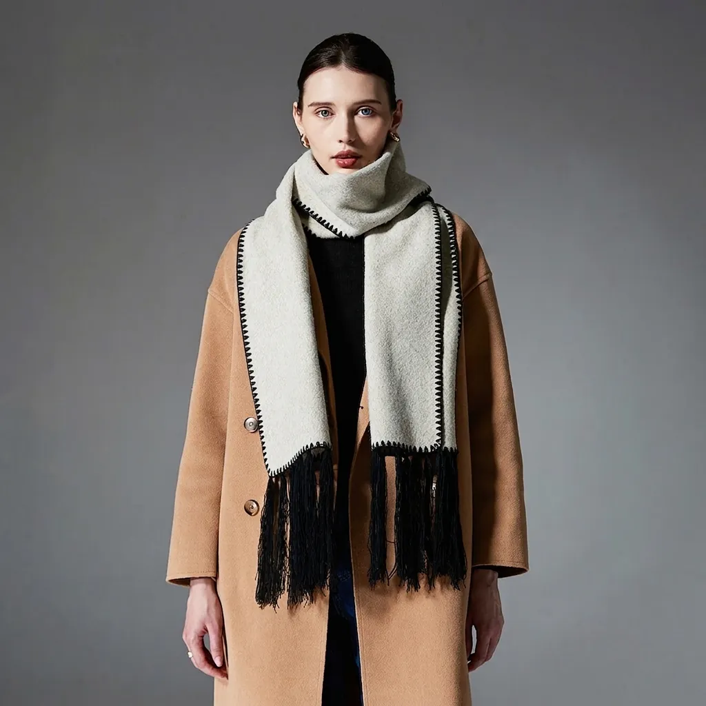 Women Winter Warm Long Scarf Double Sided Woolen Feel Blanket Stitch Zig Zag Stitching Solid Color Long Tassel Shawl Scarf