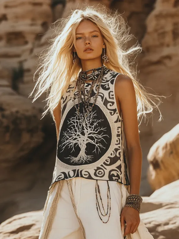 Women Bohemian Tree Of Life Print Sleeveless Tank Top V Neck Ethnic Style Casual Breathable Summer Vacation Vest