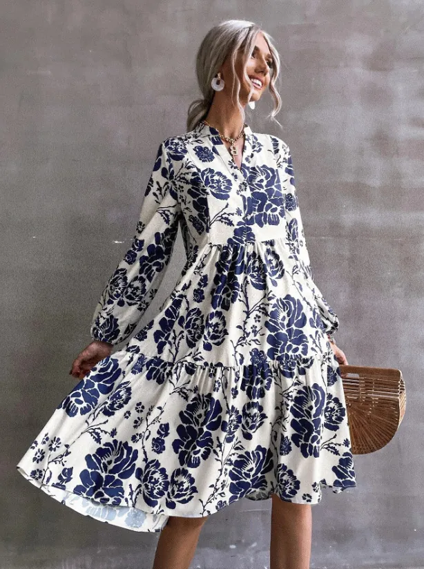 Women's Elegant V-Neck Long Lantern Sleeve Floral Print Midi Dress Bohemian Tiered A-Line Casual Vacation Flowy Dress