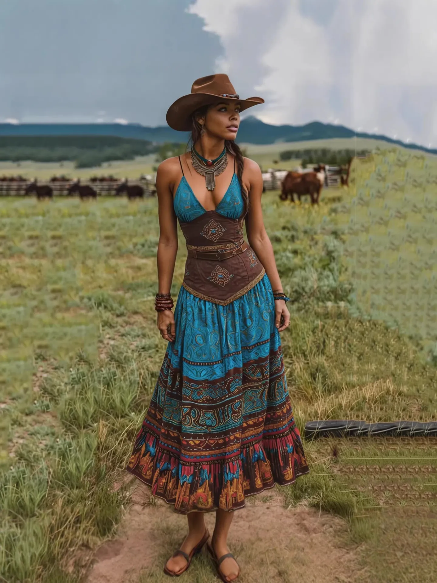 Dames Vintage Boheemse Western Jurk Etnische Print V-Hals Mouwloze Maxi Jurk Gelaagde Zomervakantie Lange Jurk Zonder Riem