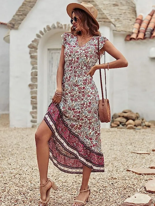 Vestido Largo Bohemio para Mujer Estampado Floral Cuello en V Mangas con Volantes Casual Playa Vacaciones Dobladillo Irregolare