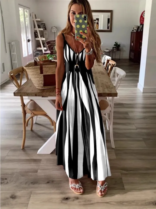 Damen Casual Gestreiftes Maxikleid Sexy V-Ausschnitt Ärmellos Spaghetti-Träger Strand Urlaub Langes Kleid Lockeres Bedrucktes Sommerkleid