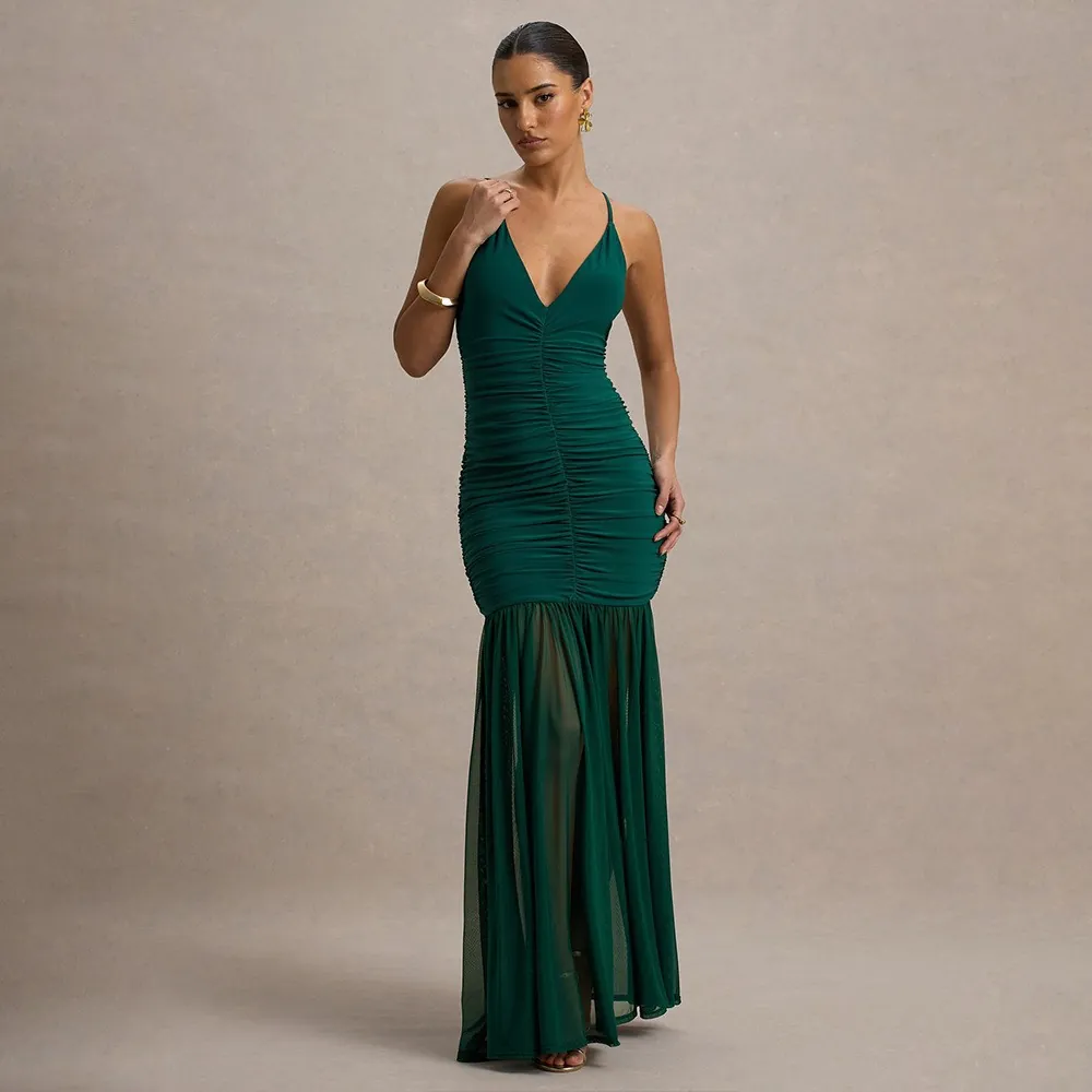 Damen Sexy Gerafftes V-Ausschnitt Träger Rückenfreies Meerjungfrau Maxi Kleid Elegant Einfarbig Netz Patchwork Fishtail Langes Abendkleid