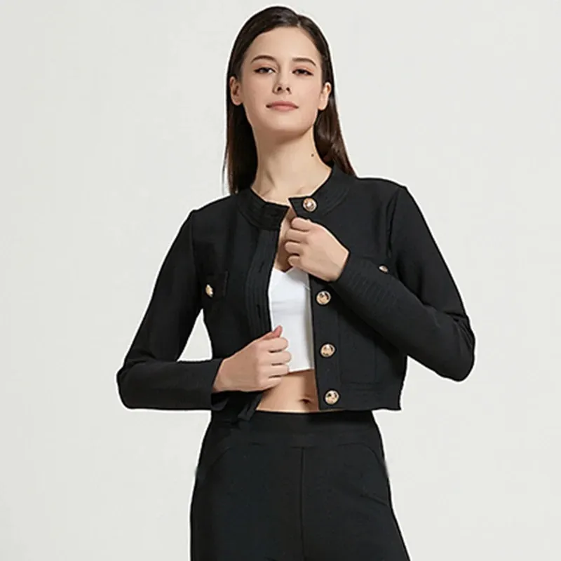 Veste Courte Élégante pour Femmes Coupe Ajustée Avec Boutons Dorés Manches Longues Col Rond Vêtements en Polyester