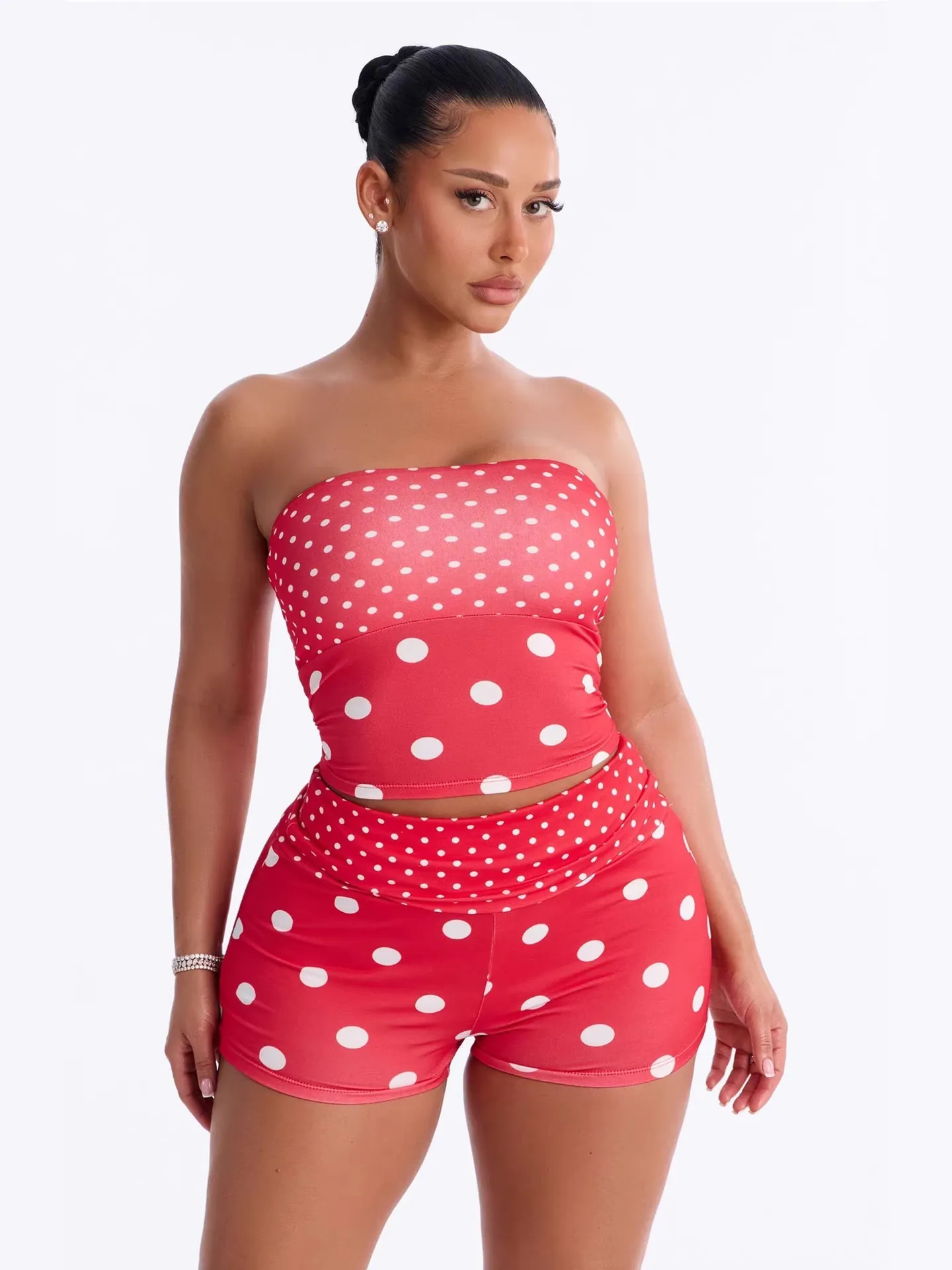 Women Sexy Polka Dot Two-Piece Shorts Set Bandeau Backless Slim Fit Summer Casual Outfits Polyester Fashion Spliced Wear