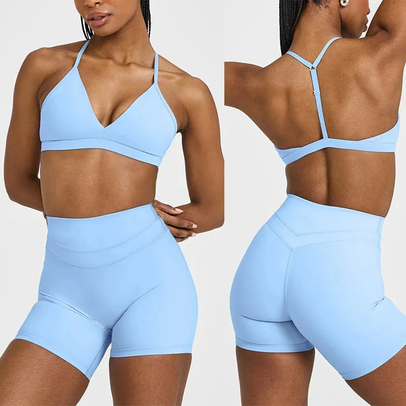 Women Yoga Workout Set V Neck Adjustable Bra High Waist Booty Lifting Shorts Seamless Nylon Spandex Breathable Gym Fitness Outfit
