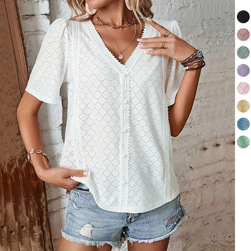 Women Summer Short Sleeve V-Neck Eyelet Lace Blouse Elegant Solid Color Button Up Boho Top Casual Shirt For Vacation