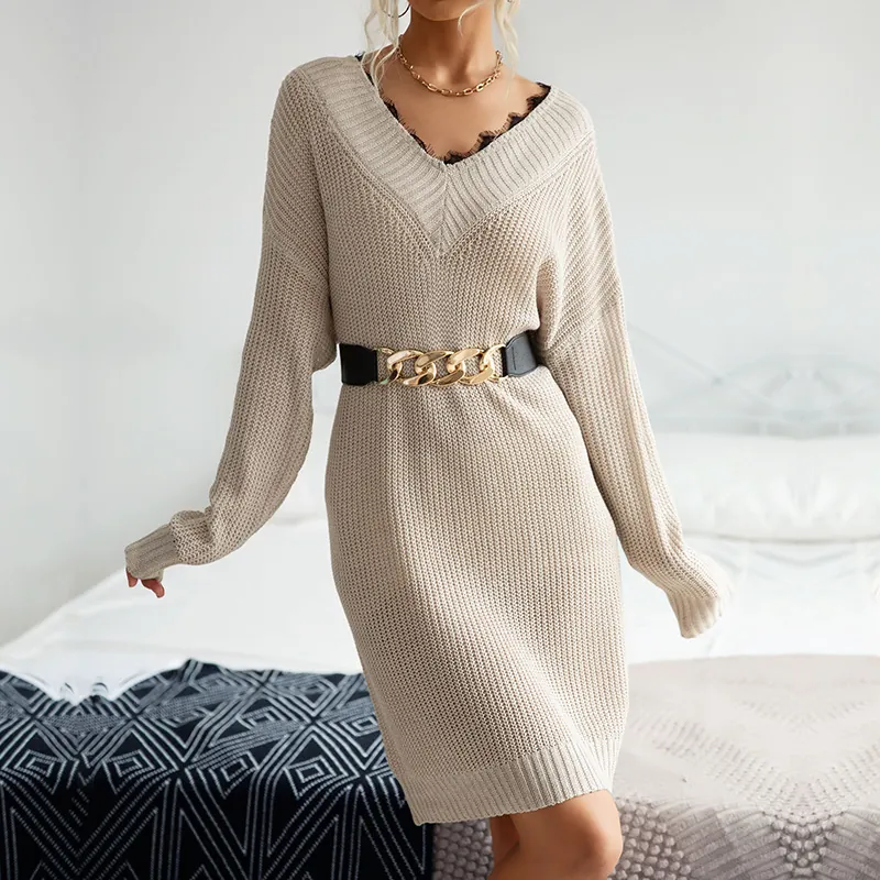 Women V Neck Knitted Sweater Dress Lace Splicing Long Sleeve Loose Khaki Pullover Midi Dress Fashion Casual Knitwear