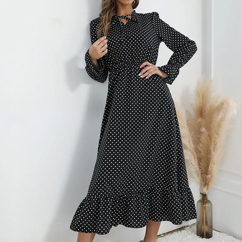 Elegant Women Polka Dot V Neck Tie Front Maxi Dress Long Sleeve Ruffle Hem High Waist A Line Party Casual Evening Dress