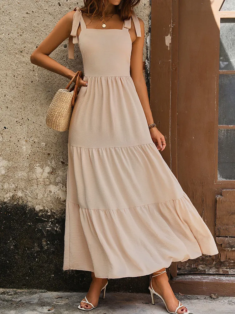 Women's Summer Apricot Maxi Dress Square Neck Tiered Cake Skirt Sleeveless Bow Tie Strap Smocked Back Vacation Dress
