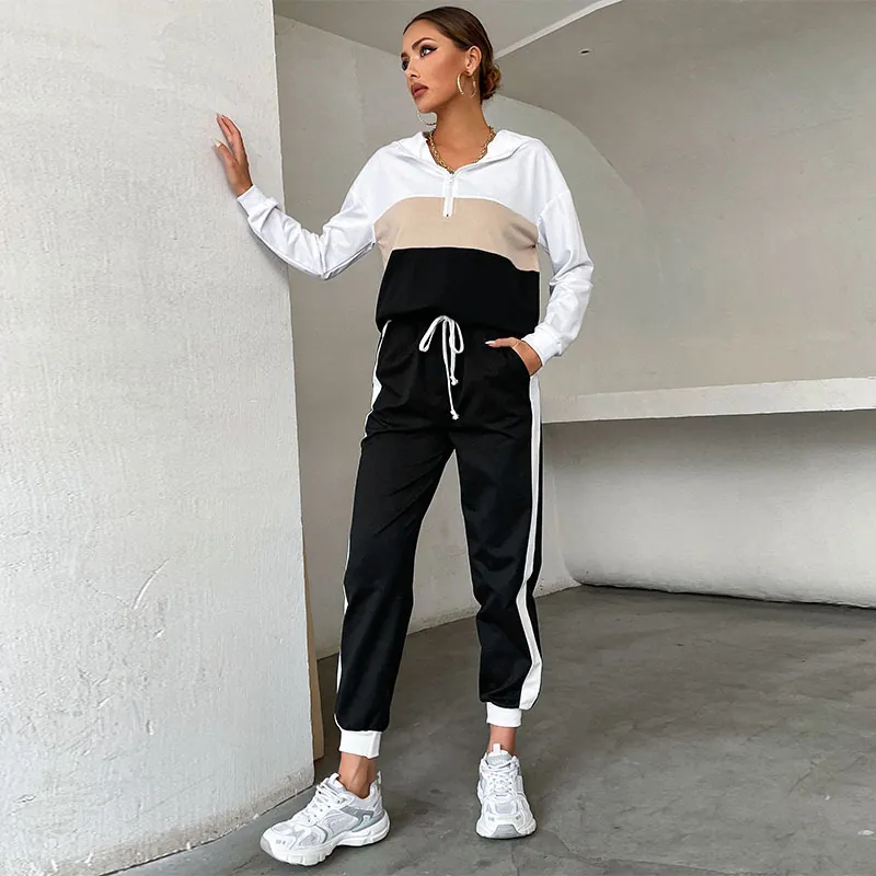 Women's Casual Color Block Tracksuit Set Hooded Half-Zip Sweatshirt And Joggers Polyester Cotton Blend Sports Wear Top And Bottom