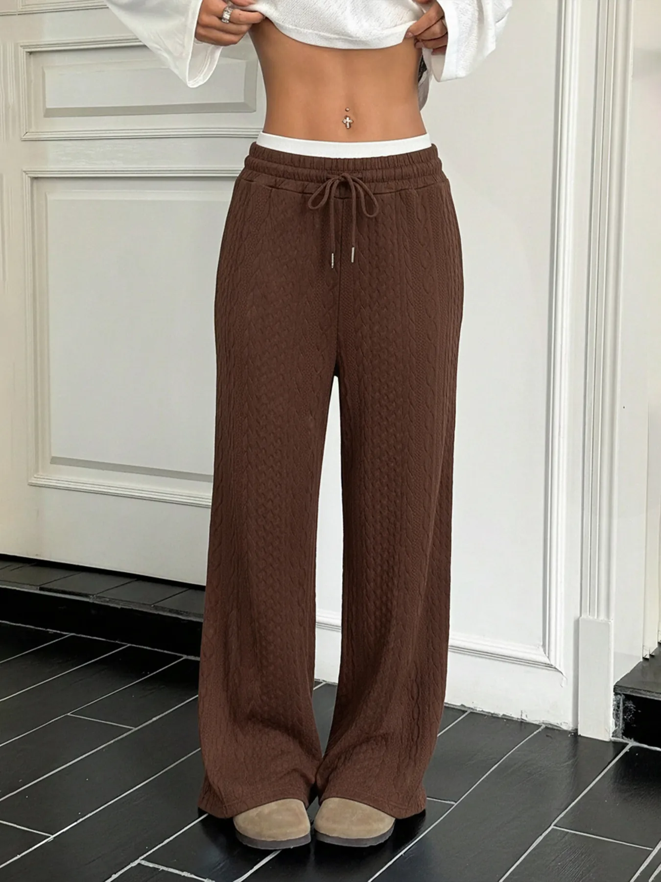 Women High Waist Wide Leg Knit Pants Cable Knit Texture Drawstring Casual Straight Trousers Autumn Winter Loose Bottoms
