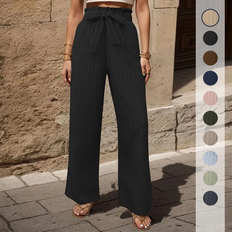 Pantaloni Donna a Gamba Larga Plissettati a Vita Alta Con Fiocco Vita Paperbag Tinta Unita Larghi Casual Estivi Pantaloni Lunghi Moda