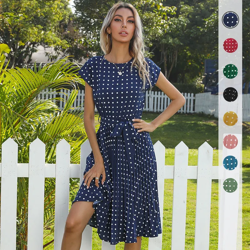 Women Elegant Polka Dot Midi Dress Summer Round Neck Short Fly Sleeve Belted Pleated A-Line Vacation Casual Sun Dress