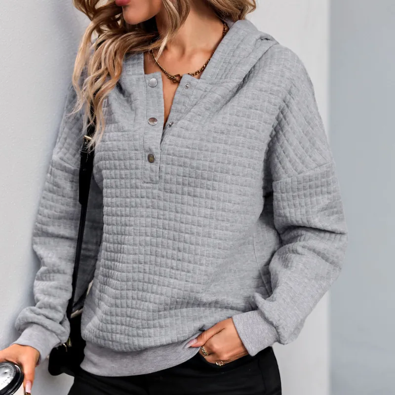 Women Casual Waffle Texture Hooded Sweatshirt Henley Button Neck Drop Shoulder Long Sleeve Loose Fit Plain Pullover Top